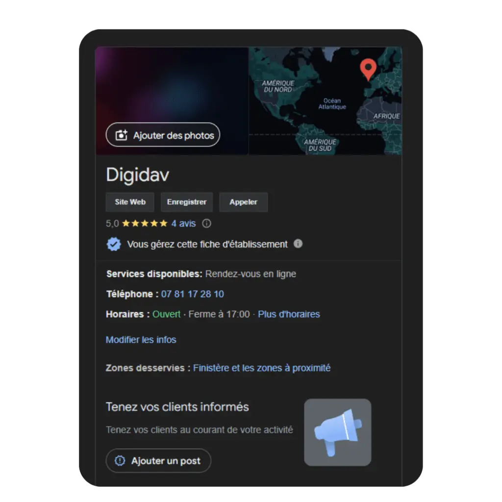 Exemple d'une fiche google my business locale